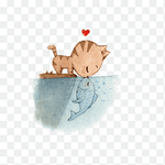png-clipart-brown-cat-and-gray-fish-illustration-cat-kitten-drawing-kissing-gourami-cat-kissin...png